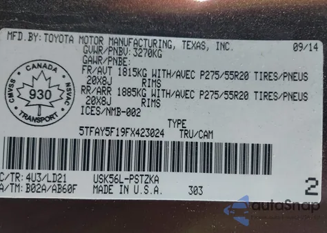 2015 Toyota Tundra Platinum 5.7L V8 from USA, damaged, VIN 5TFAY5F19FX423024
